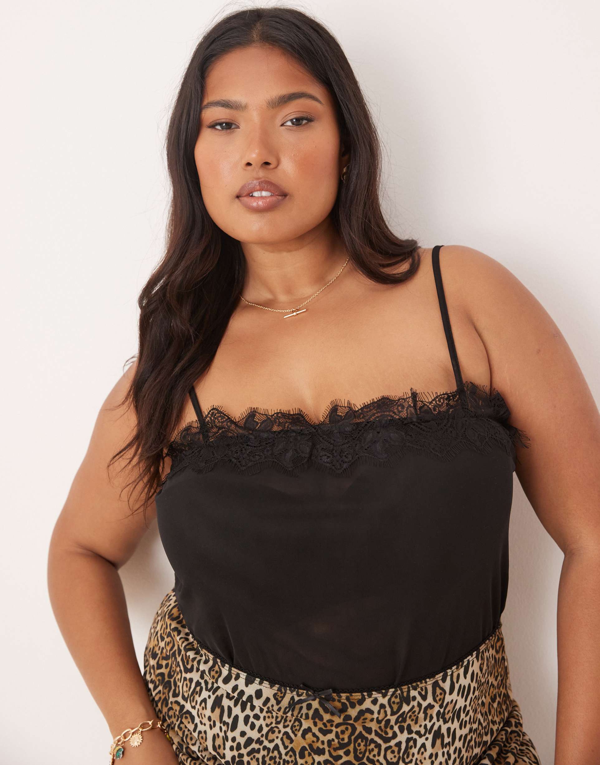 asos design curve mesh lace trim bodysuit in black