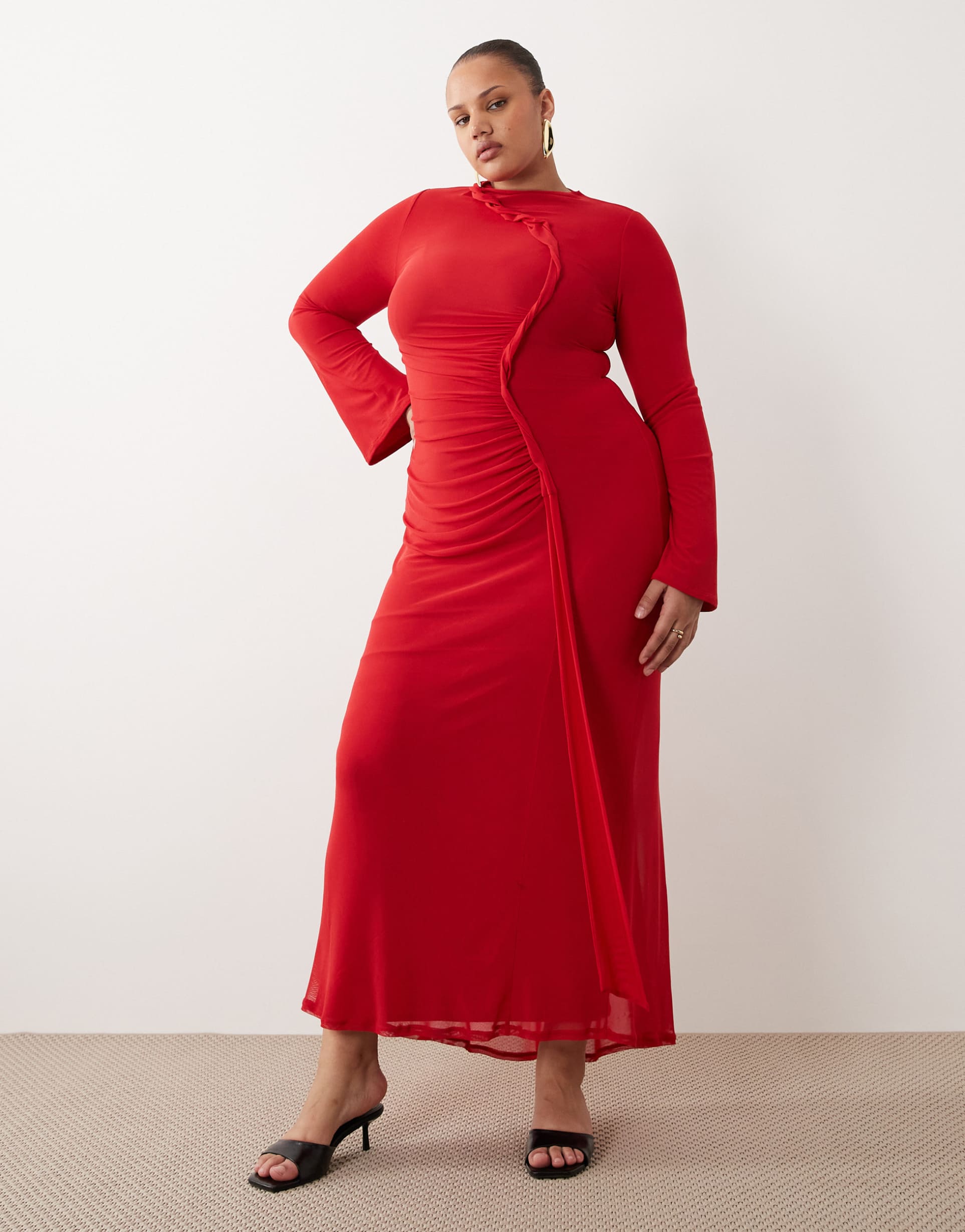 asos design curve mesh long sleeve maxi dress with twist detail in red