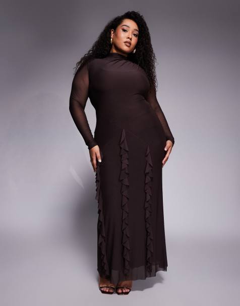 ASOS DESIGN Curve mesh long sleeve maxi dress with waterfall ruffle skirt detail in chocolate - view 1