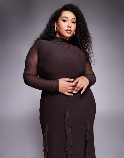 ASOS DESIGN Curve mesh long sleeve maxi dress with waterfall ruffle skirt  detail in chocolate | ASOS