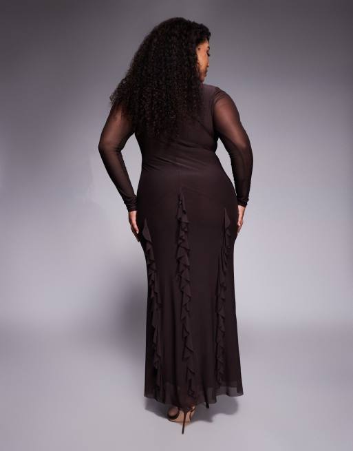 ASOS DESIGN Curve mesh long sleeve maxi dress with waterfall ruffle skirt detail in chocolate, 3 of 4
