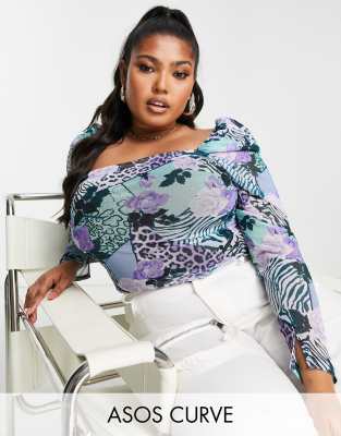 Plus-size bodysuit by ASOS DESIGN Love at first scroll Floral print Square neck Thong back Bodycon fit
