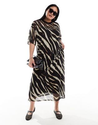 Asos Curve Asos Design Curve Mesh Midaxi T-shirt Dress In Animal Print-multi