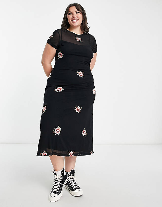 ASOS Curve - ASOS DESIGN Curve mesh midi dress with floral embroidery in black