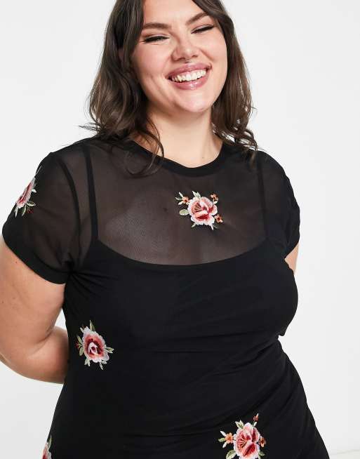 ASOS DESIGN Curve mesh midi dress with floral embroidery in black , 2 of 4