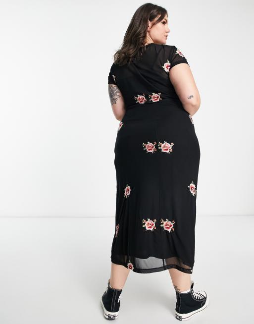 ASOS DESIGN Curve mesh midi dress with floral embroidery in black , 3 of 4