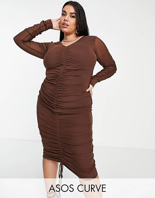 Women Curve mesh midi dress with ruched front in dark chocolate 