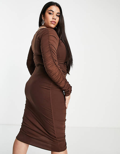  Curve mesh midi dress with ruched front in dark chocolate 