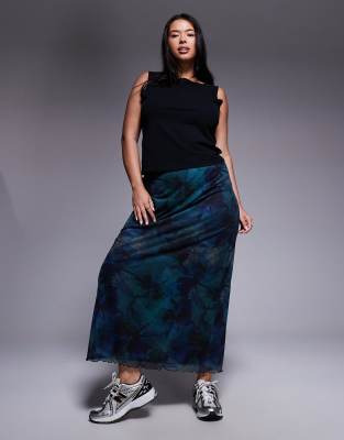ASOS DESIGN Curve mesh midi skirt in blue floral print - view 1