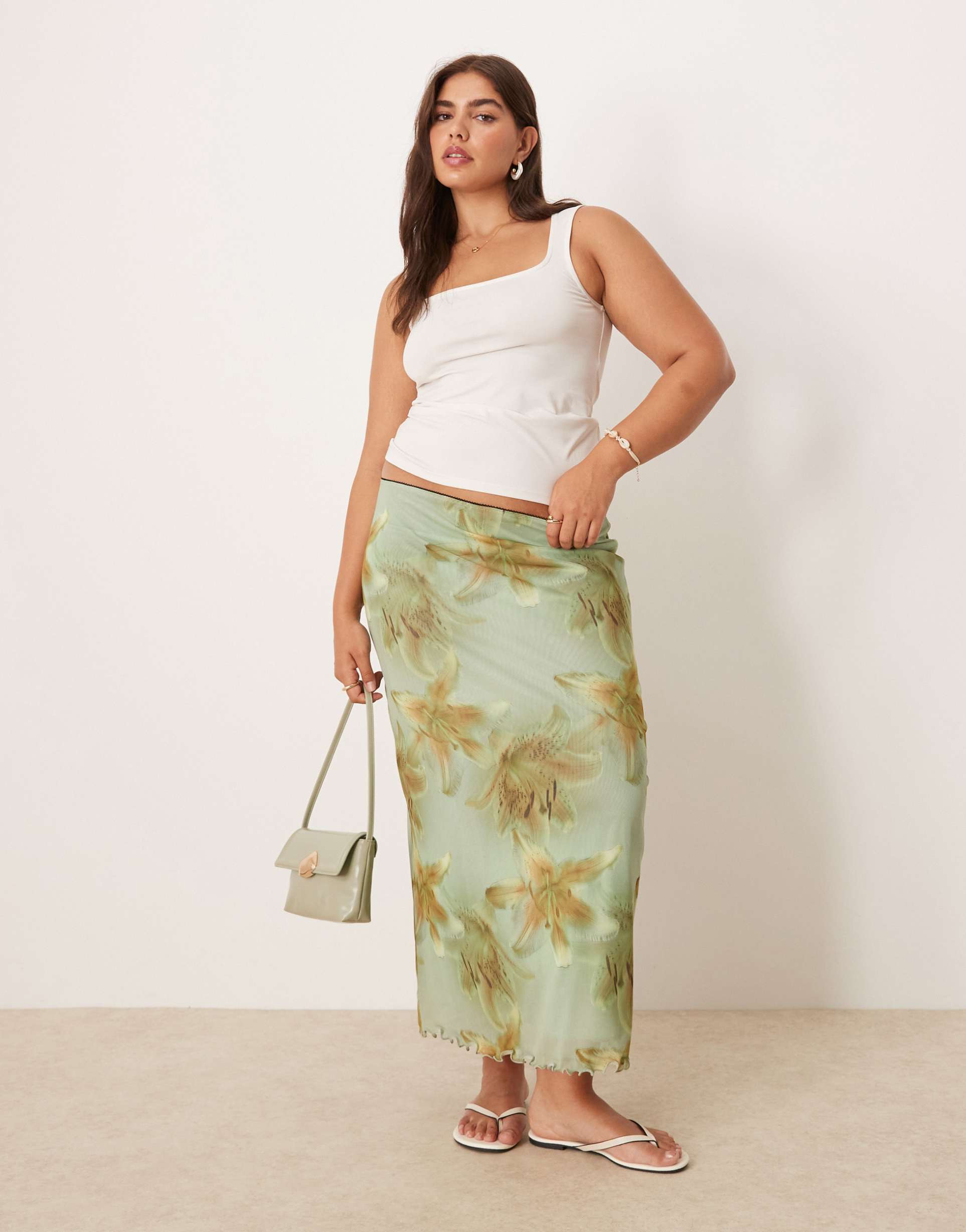 asos design curve mesh midi skirt in oversized floral print