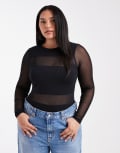 [ASOS Curve] ASOS DESIGN Curve mesh mix mesh panel long sleeve bodysuit in black XL Black