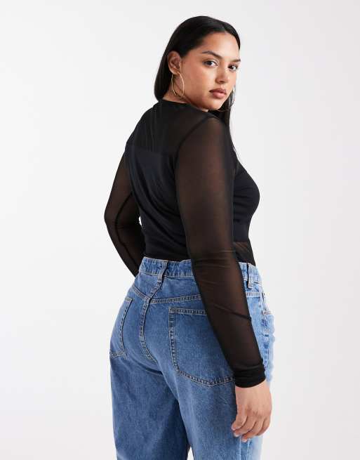 ASOS DESIGN Curve mesh mix mesh panel long sleeve bodysuit in black, 2 of 4