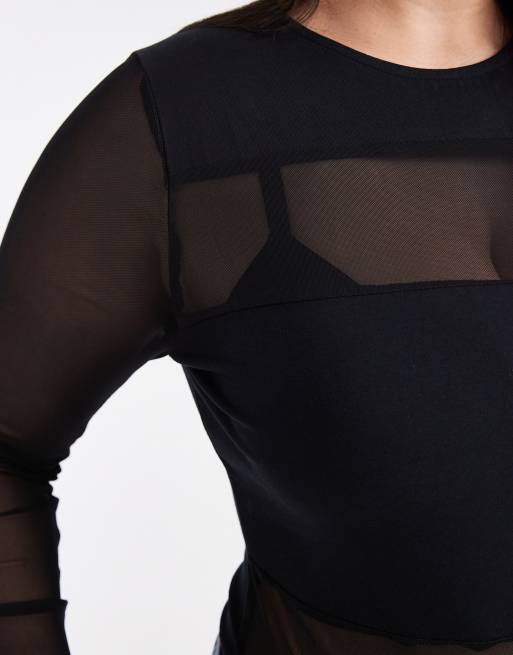 ASOS DESIGN Curve mesh mix mesh panel long sleeve bodysuit in black, 4 of 4