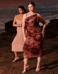 [ASOS Curve] ASOS DESIGN Curve mesh one shoulder cami dress in brown swirl print-Multi 26 Brown swirl print