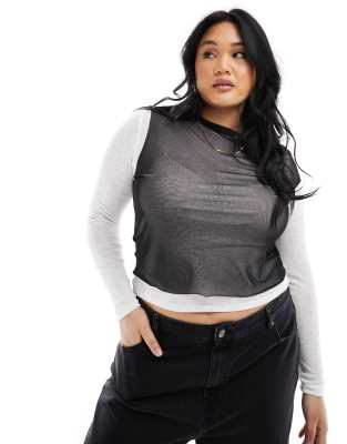 Asos Design Curve Mesh Overlay Onion Skin Long Sleeve Top-White