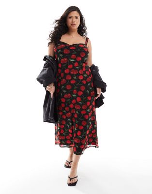 Asos Curve Asos Design Curve Mesh Peekaboo Bust Detail Midaxi Dress In Red And Black Cherry Print