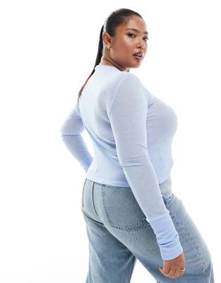 Asos Curve Asos Design Curve Mesh Ribbed Crew Neck Base Layer Top In Blue