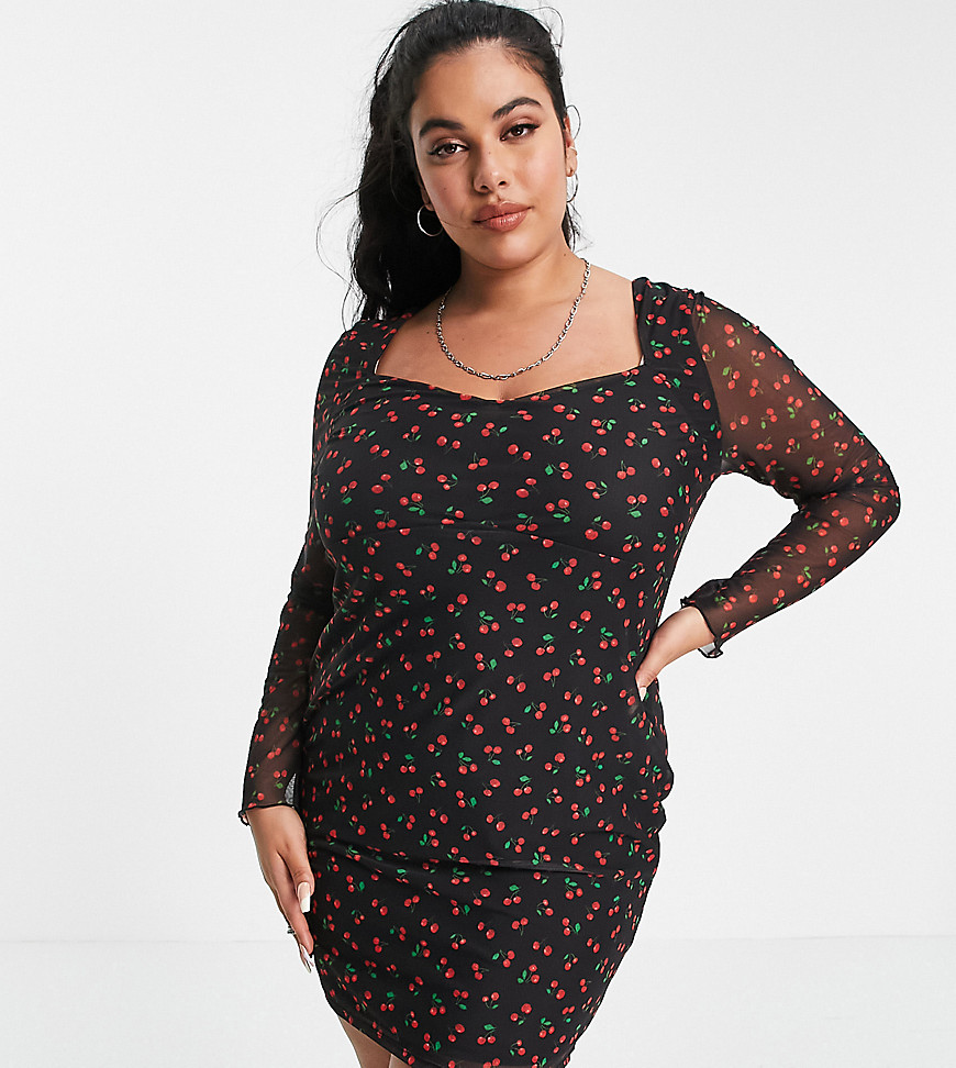 Asos Curve Asos Design Curve Mesh Ruched Mini Dress With Long Sleeves In Black Cherry Print