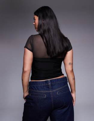 Asos Curve Asos Design Curve Mesh Short Sleeve Top With Rouleau Button Detail