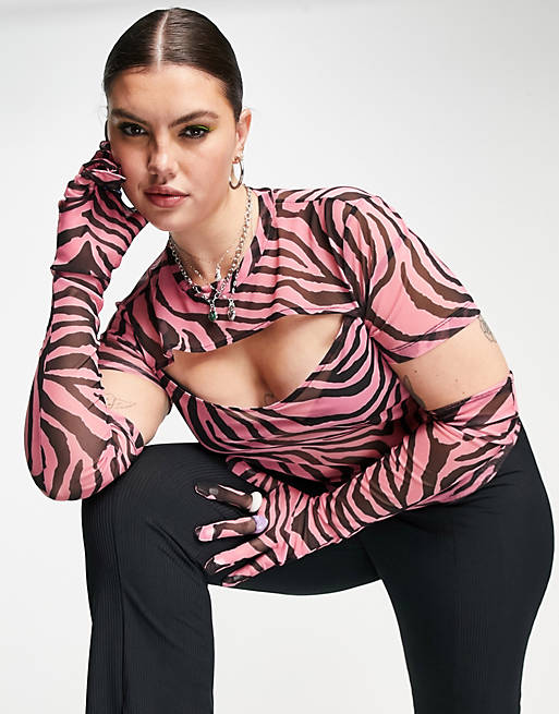 Tops Curve mesh top with cut out front and gloves in pink animal print 