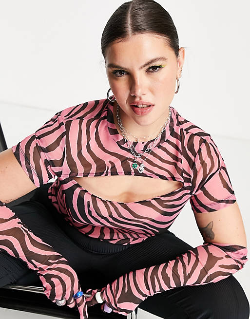 Tops Curve mesh top with cut out front and gloves in pink animal print 