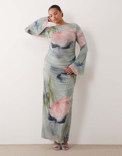 ASOS DESIGN Curve mesh waterfall sleeve ruched maxi dress in blue floral - view 1