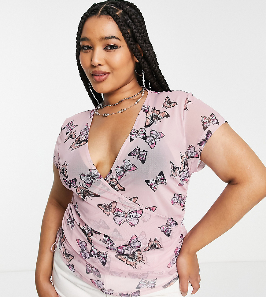 ASOS DESIGN Curve mesh wrap top in butterfly print in lilac-Purple