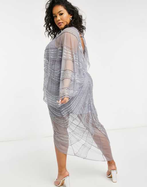ASOS DESIGN Curve - Met parels versierde midi jurk met cape-mouwen in blauw, 2 van 4