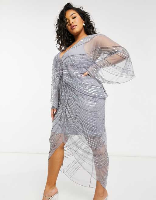 ASOS DESIGN Curve - Met parels versierde midi jurk met cape-mouwen in blauw, 4 van 4