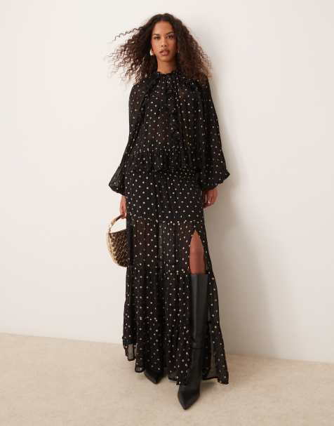 ASOS DESIGN Curve metallic dot maxi skirt in black & gold - view 1