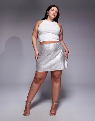 Asos Curve Asos Design Curve Metallic Faux Leather Pocket Detail Mini Skirt-silver In Silver
