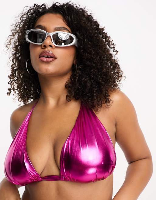 ASOS DESIGN Curve metallic halter triangle bikini top in pink ASOS