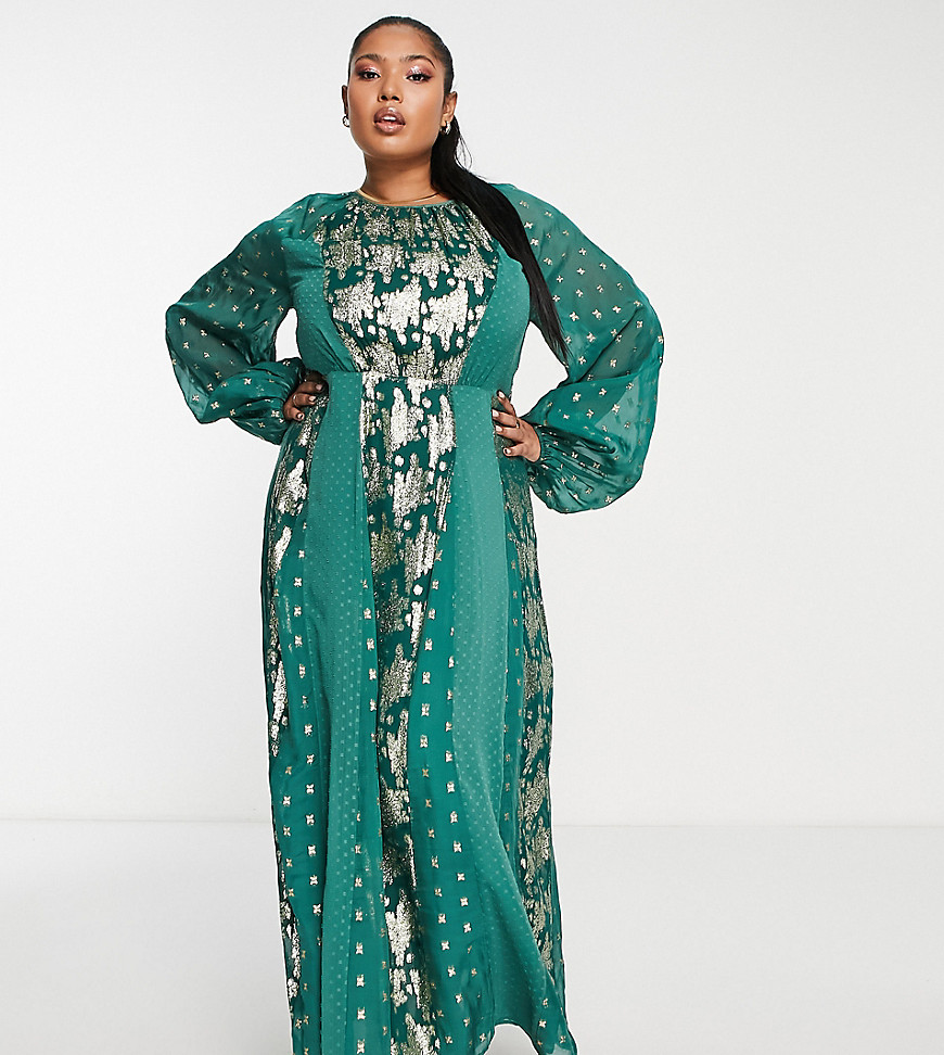 ASOS DESIGN Curve metallic jacquard midi dress with elasticated back in pine green-Multi