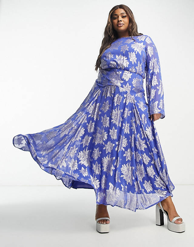 ASOS Curve - ASOS DESIGN Curve metallic long sleeve maxi dress with frill cuffs in blue