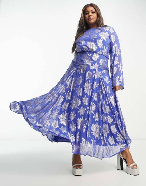 Blue And White Floral Maxi Dress With Frill Sleeves | Miss Floral | SilkFred