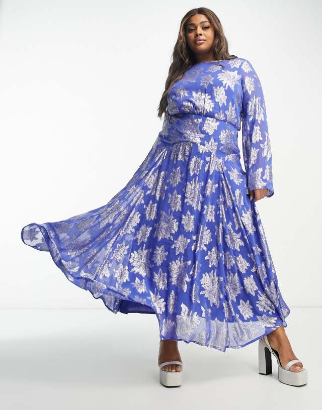 ASOS DESIGN Curve metallic long sleeve maxi dress with frill cuffs in blue