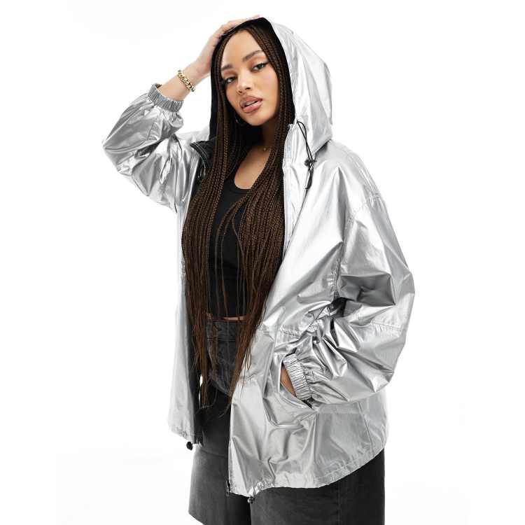 ASOS DESIGN Curve metallic rain jacket in silver