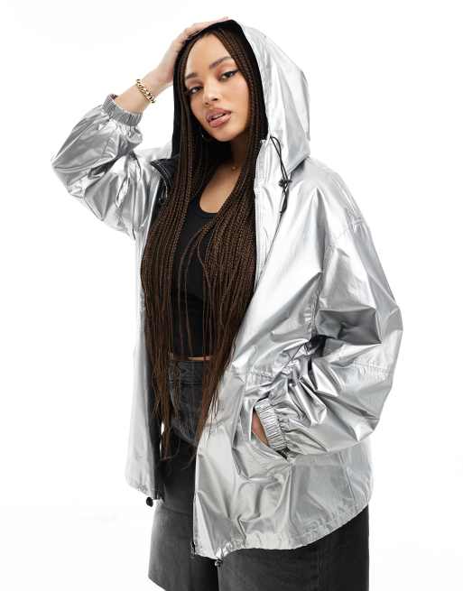 ASOS DESIGN Curve metallic rain jacket in silver