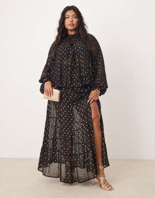 ASOS DESIGN Curve metallic spot maxi skirt in black & gold-Multi