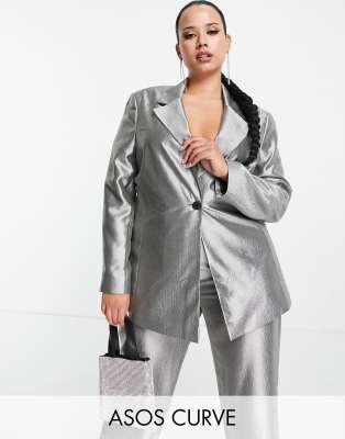 Asos Curve Asos Design Curve Metallic Suit Blazer In Silver