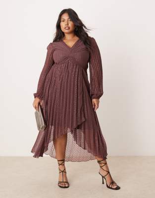 ASOS DESIGN Curve metallic textured pleat wrap skirt midi dress in aubergine-Multi