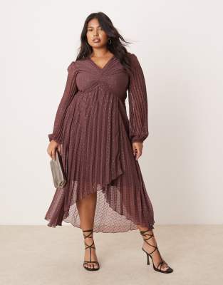 asos design curve metallic textured pleat wrap skirt midi dress in aubergine