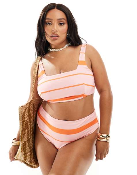 ASOS DESIGN Curve - Mia - Højtaljede bikinitrusser med høj benskæring og striber i pink og orange - view 1