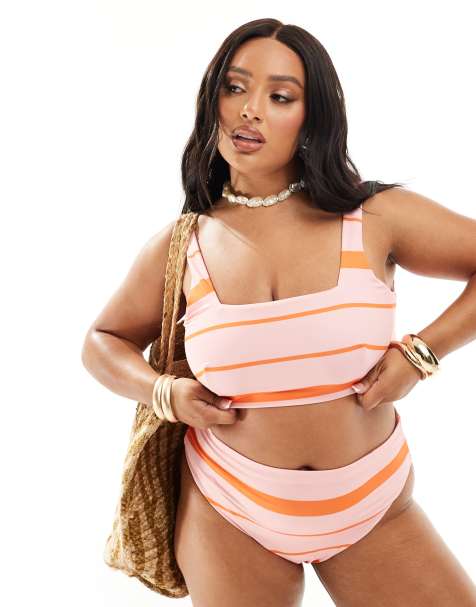 ASOS DESIGN Curve - Mia - Top bikini corto a righe color rosa e arancione - view 1
