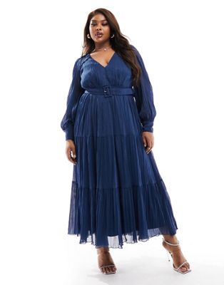 ASOS DESIGN Curve micro pleat plunge neck maxi dress with v back in navy