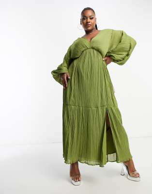 ASOS DESIGN Curve micro pleated batwing trapeze maxi dress in khaki-Green