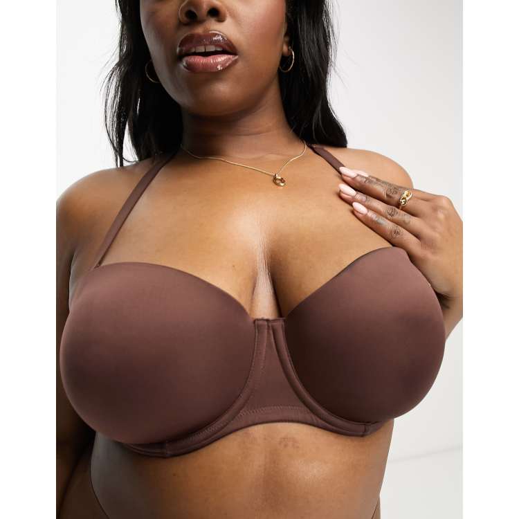 ASOS DESIGN Curve microfibre moulded multiway strapless bra in brown