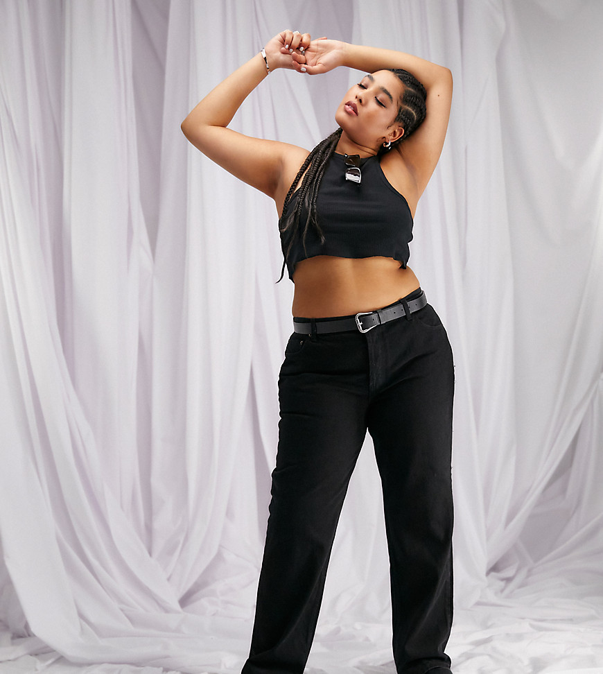 80s Outfit Inspiration, Party Ideas ASOS DESIGN Curve mid rise 90s straight leg jeans in black $36.00 AT vintagedancer.com