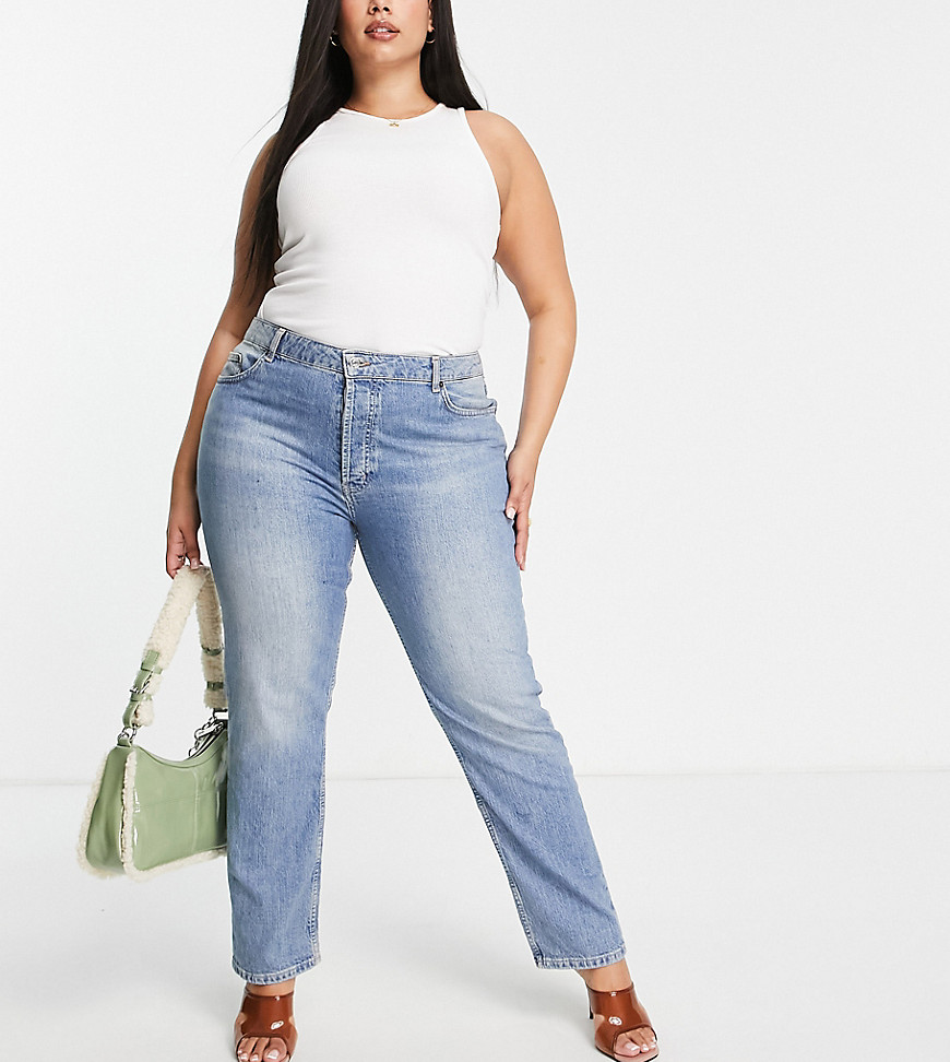 ASOS DESIGN Curve mid rise comfort stretch straight leg jeans in mid wash-Blues