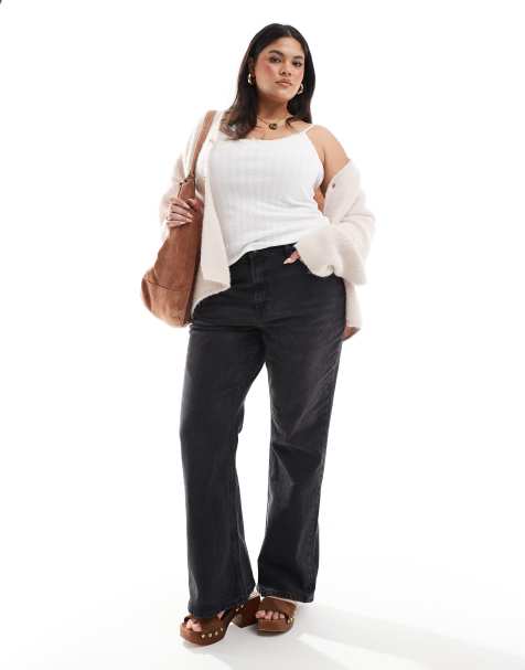 ASOS DESIGN Curve mid rise flare jeans in washed black - view 1